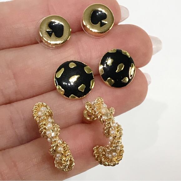 Kate Spade Gold Tone Clover Disk Hoop Stud Earrings Lot Set Bundle Preppy Dainty - Picture 1 of 9